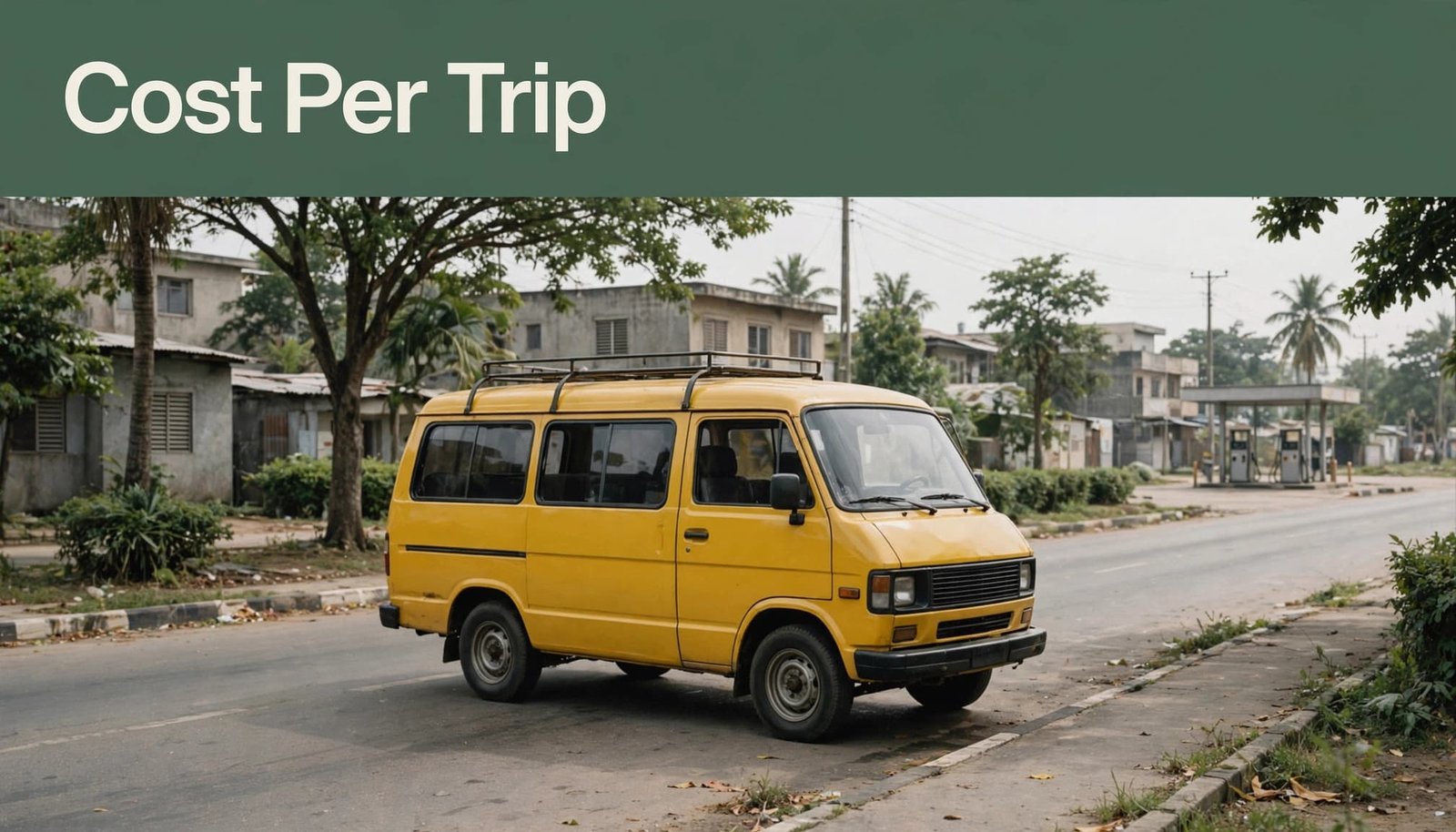 A yellow minibus on a Lagos road with a small fuel pump in the distance.