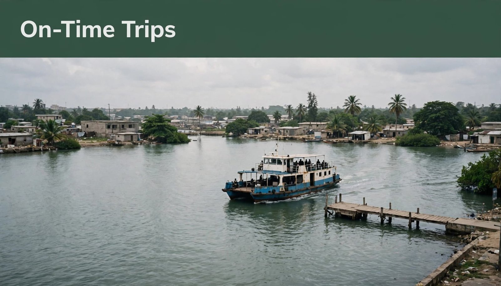 A ferry approaches a Lagos jetty beneath a green headline band.