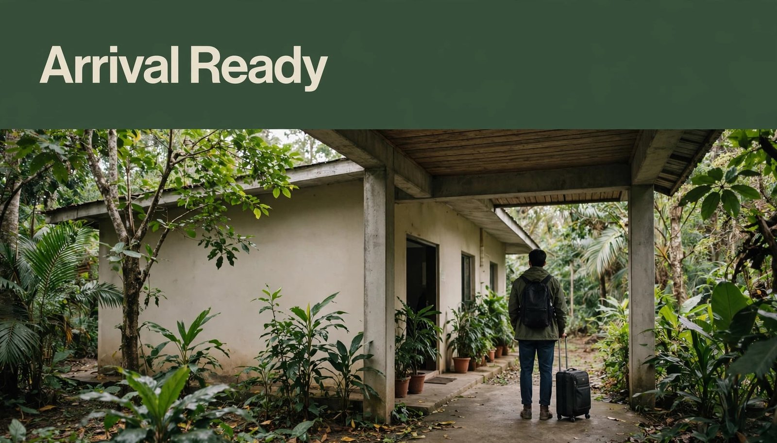 A visitor with a small suitcase stands outside a leafy guest house.
