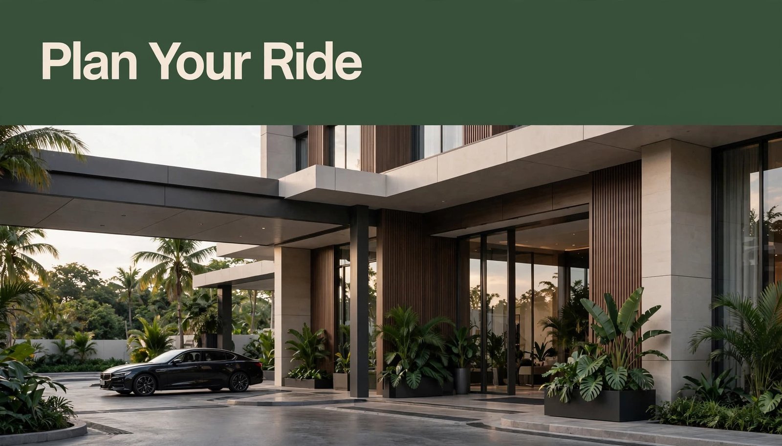 A dark sedan waits outside a modern hotel beneath a green headline strip.