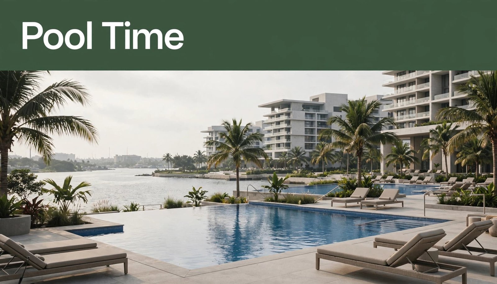 A blue hotel pool with empty loungers, palm trees, and modern buildings behind it.