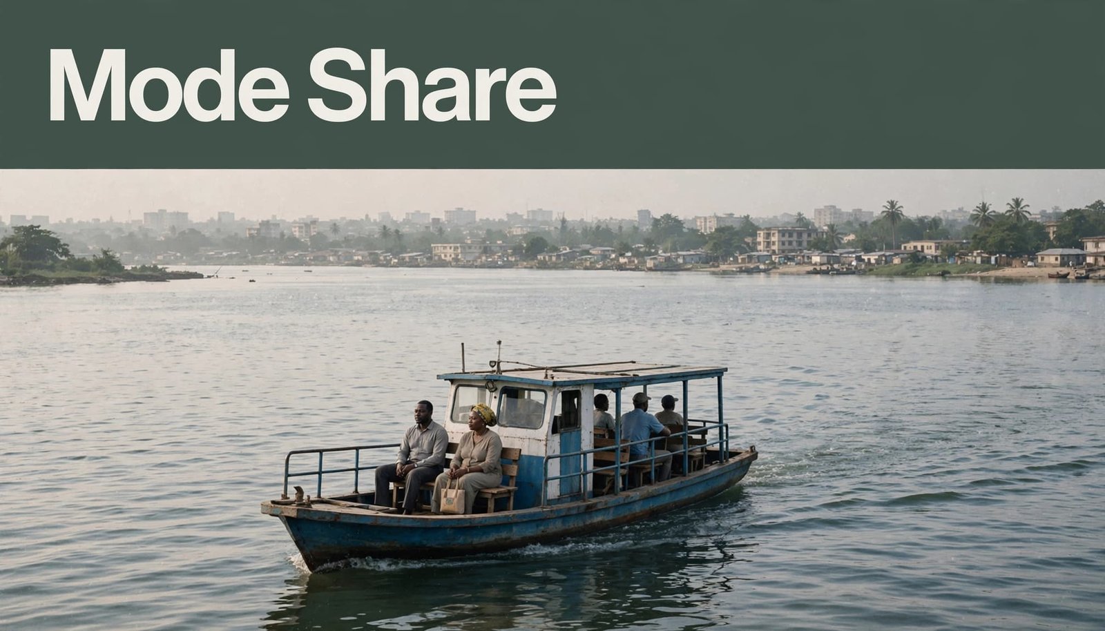 A ferry with seated passengers crosses the lagoon near the Lagos shoreline.