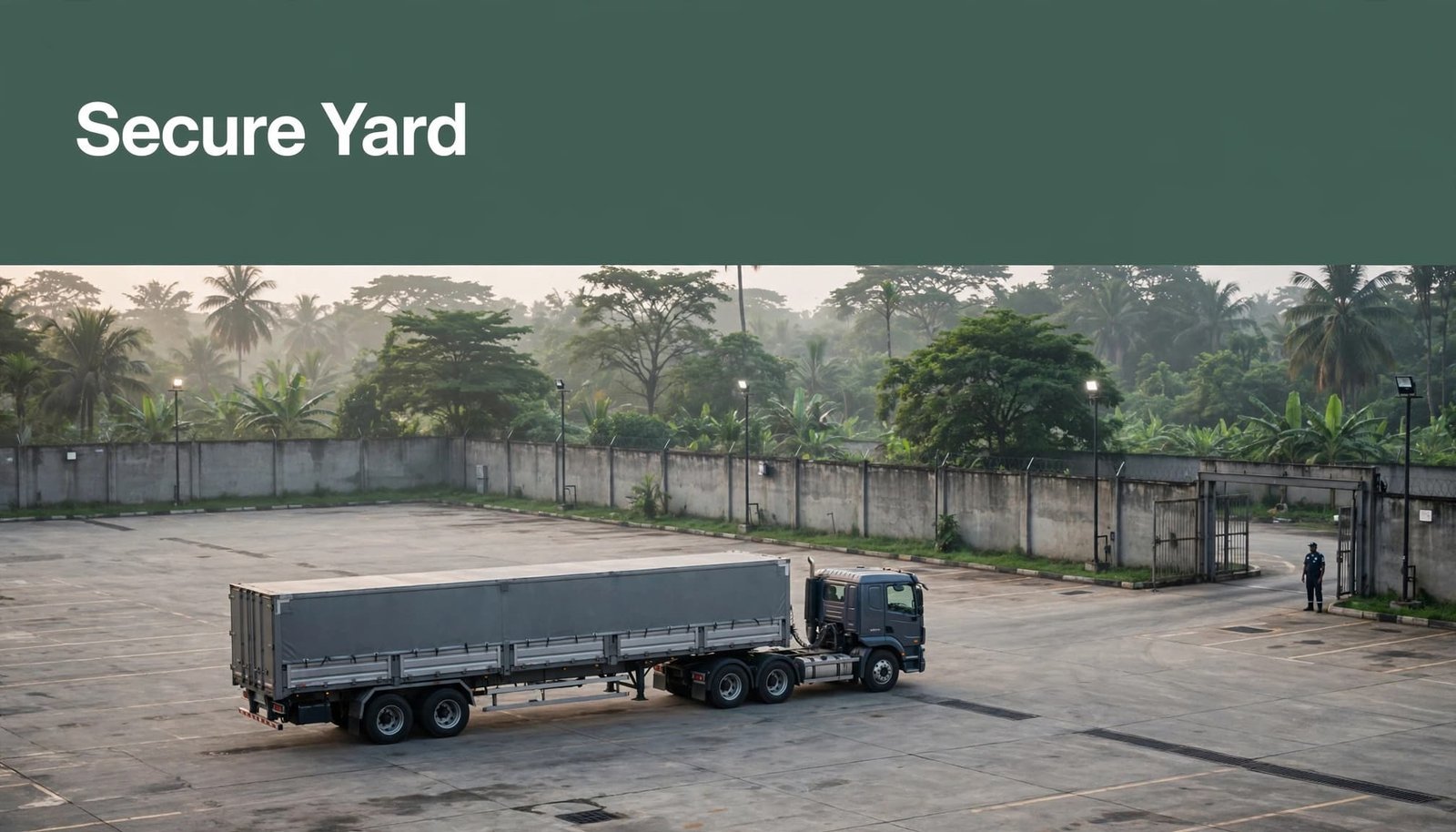 A cargo truck parked inside a walled yard with a guard near the gate.