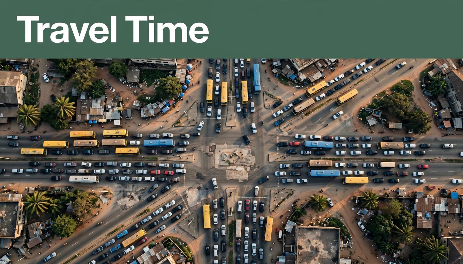 Buses and cars crowd a Lagos junction beneath a green Travel Time headline.