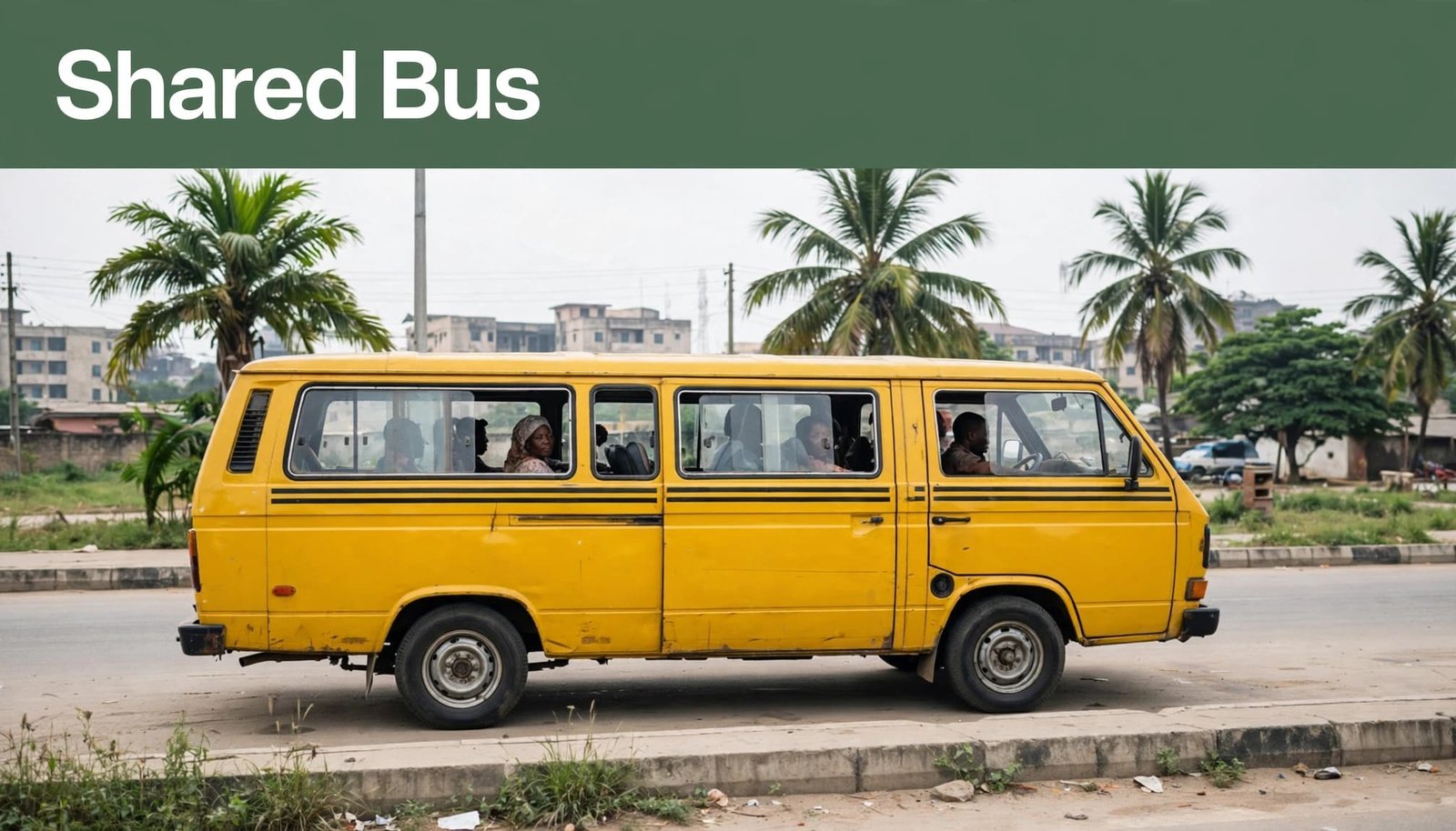 A shared minibus with passengers on a quiet roadside in Yaba.