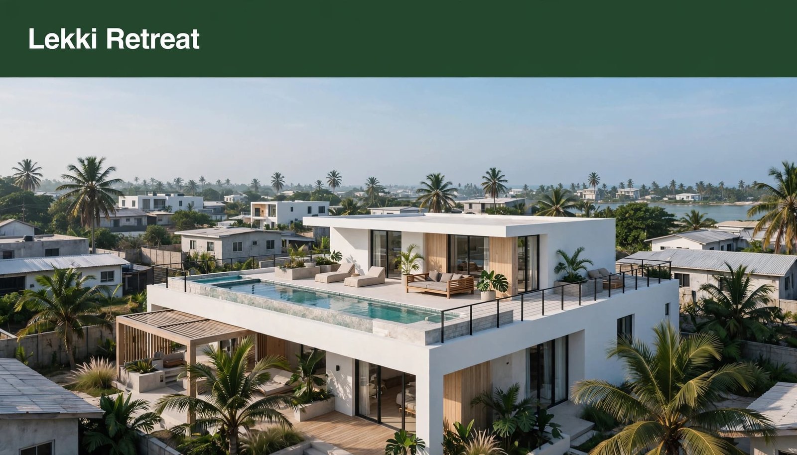 A modern coastal villa with a rooftop terrace and plunge pool among palm trees.