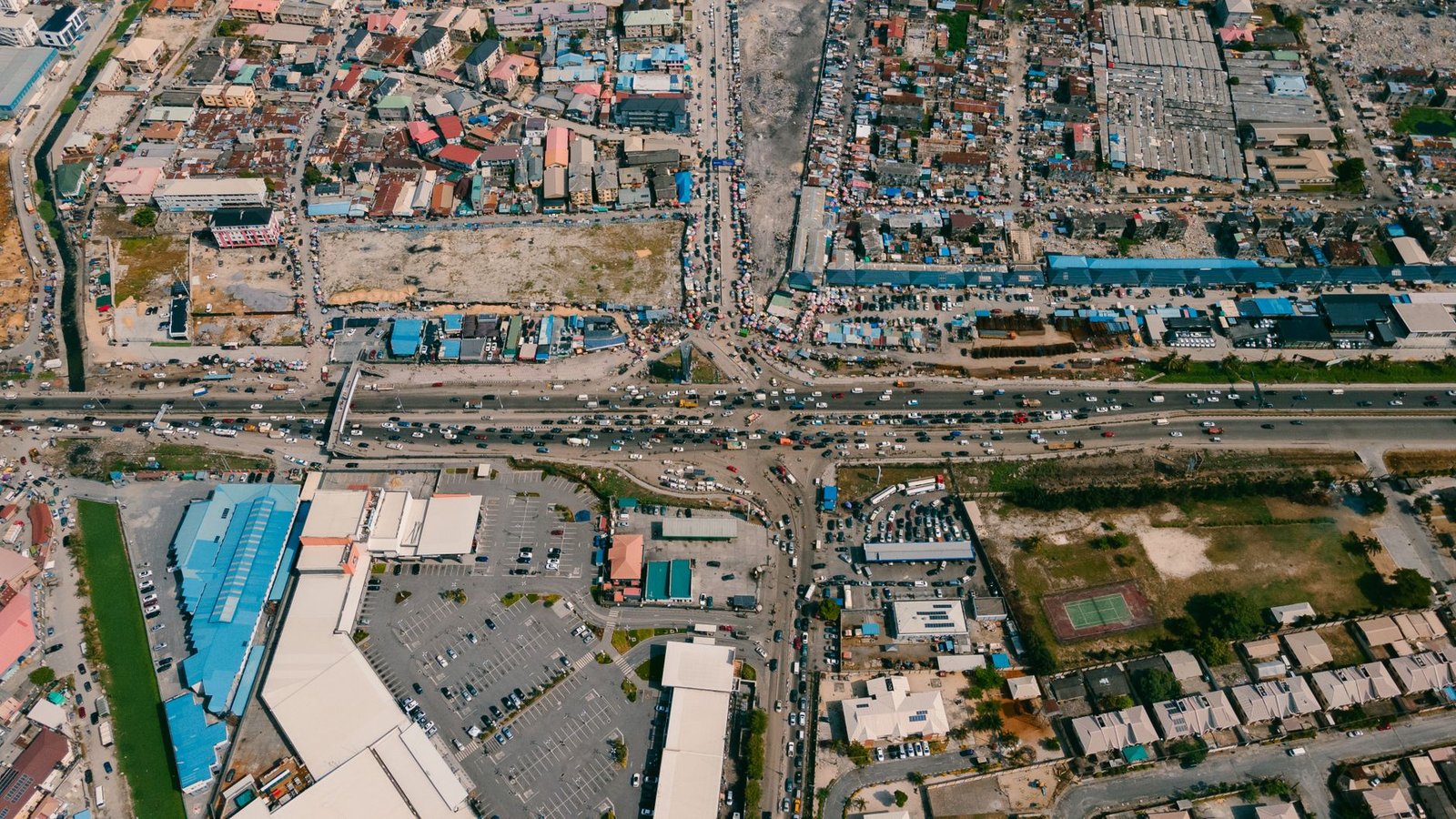 Aerial view of Lagos traffic and cityscape