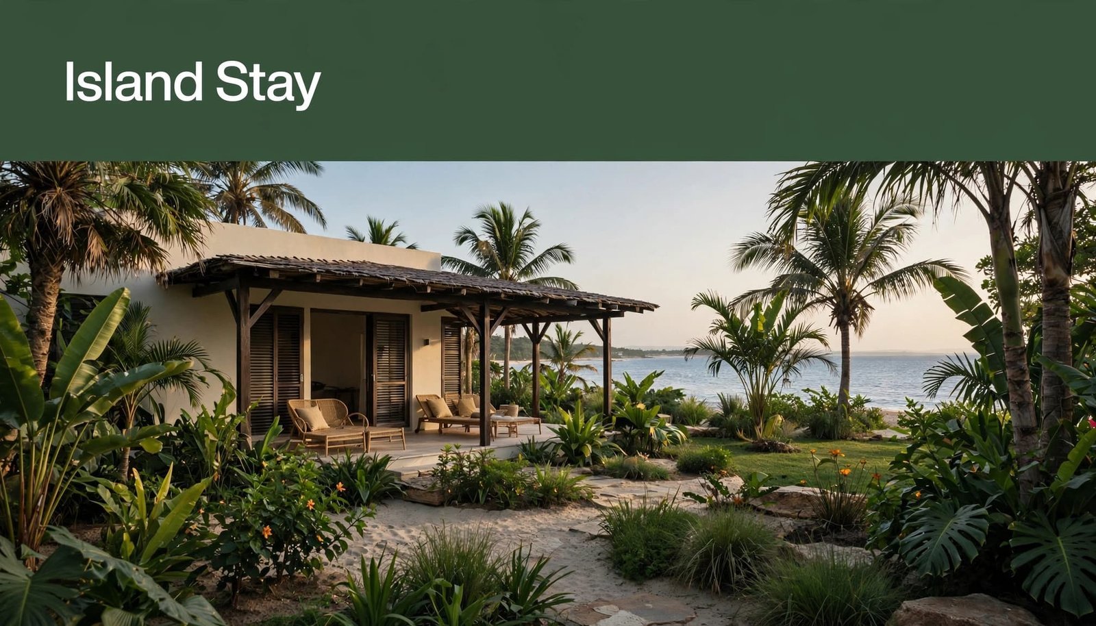 A palm-framed villa overlooks the Atlantic beneath an Island Stay banner.