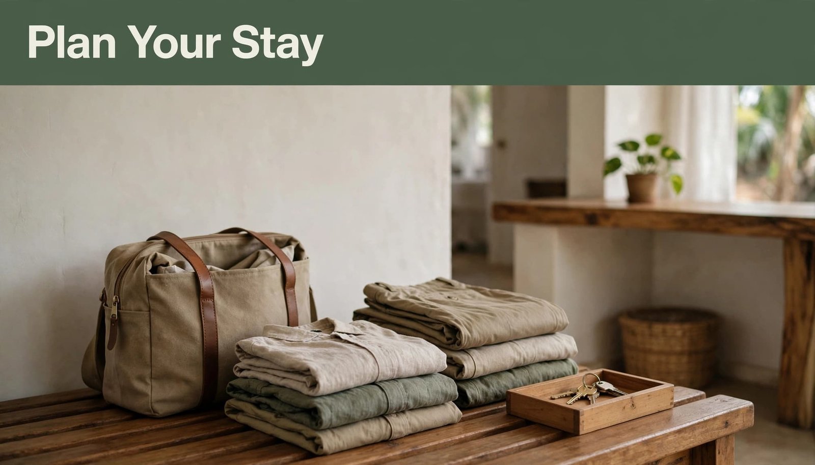 A travel bag and folded clothes sit by a guest-house reception under a green Plan Your Stay banner.